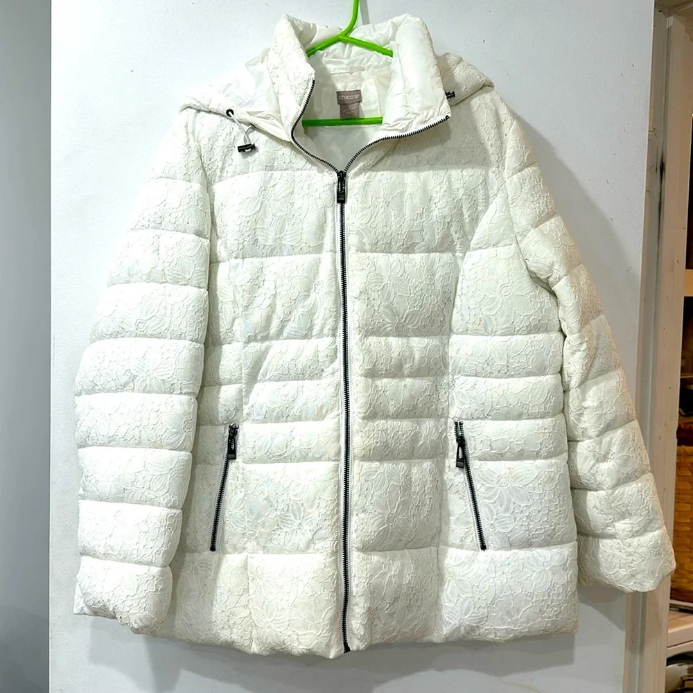 Chicos white lace puffer jacket with hood size 3 - Picture 1 of 5